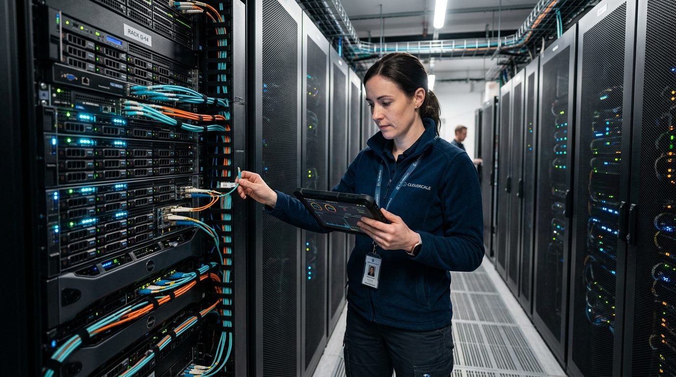 Systems engineer inspecting Host23G enterprise NVMe server racks