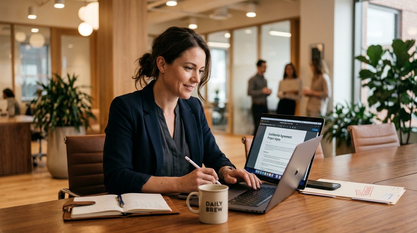 Executive reviewing and signing confidential documents in PDF Pro Panel