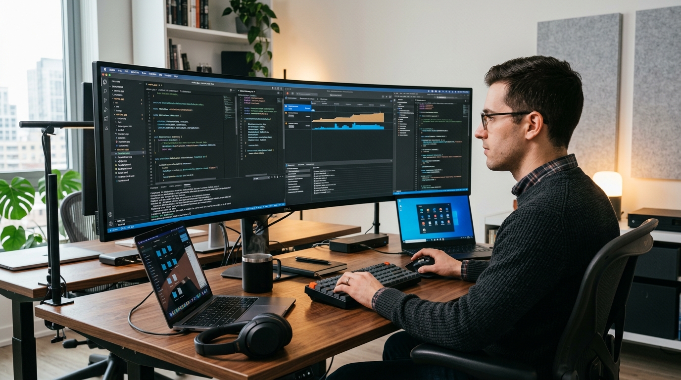 Engineer developing native desktop application on multi-screen workstation