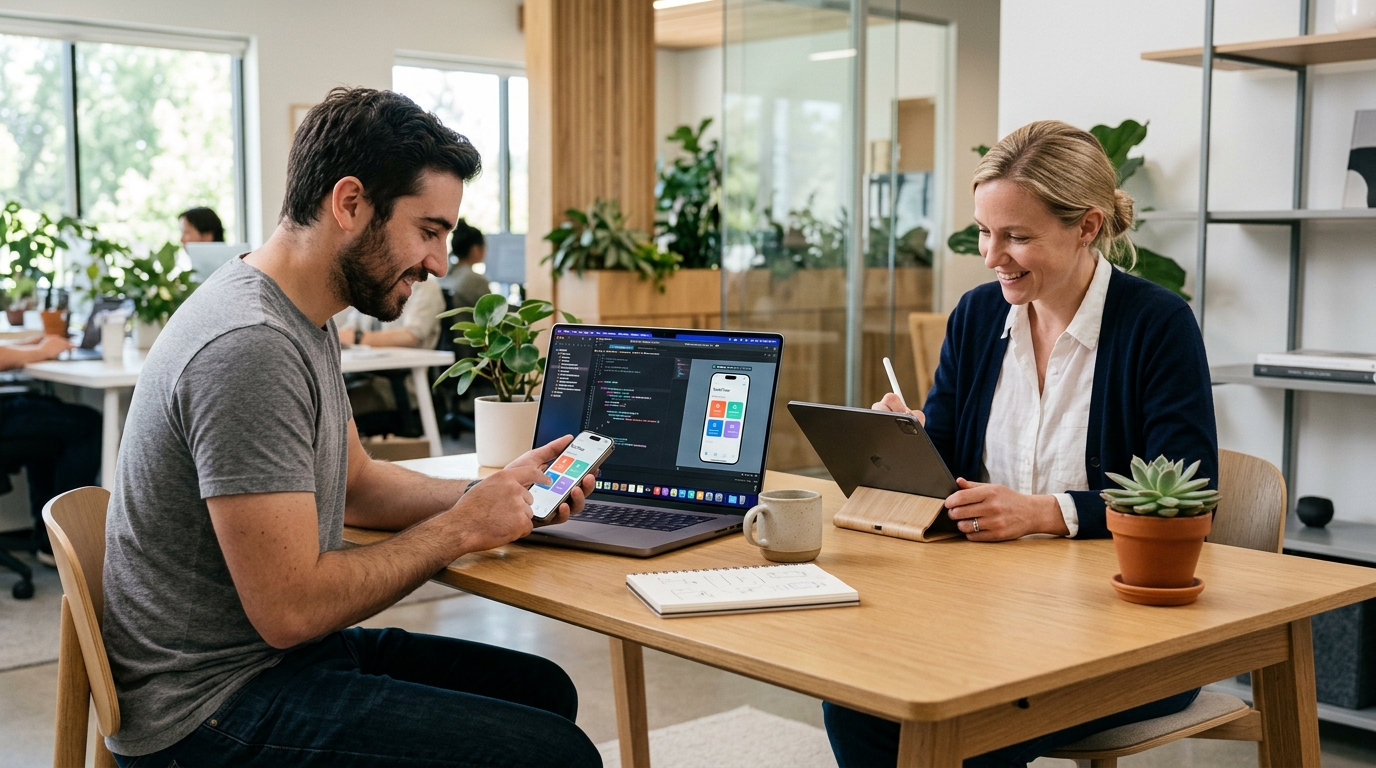 iOS engineer and Apple UI designer testing native Swift app on iPhone and iPad Pro