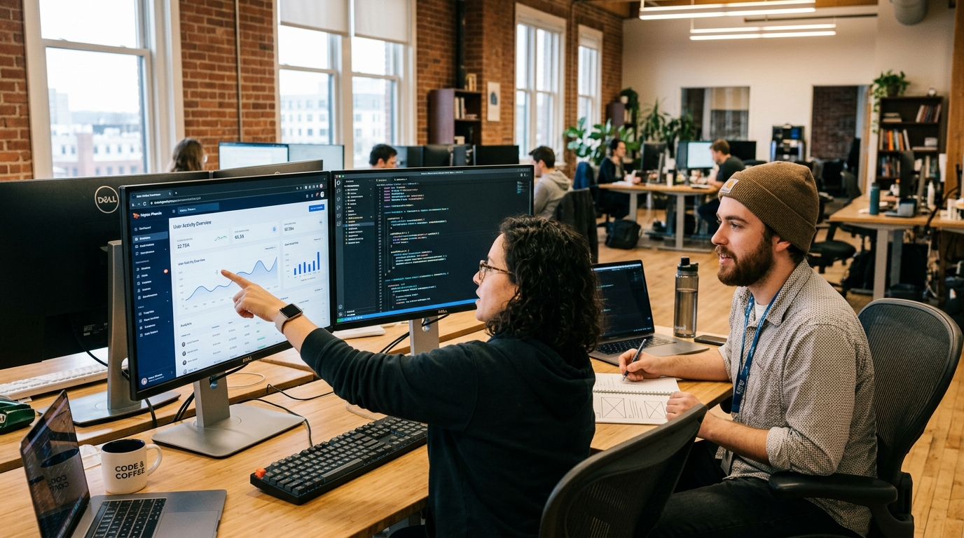 Web application developer collaborating on responsive dashboard